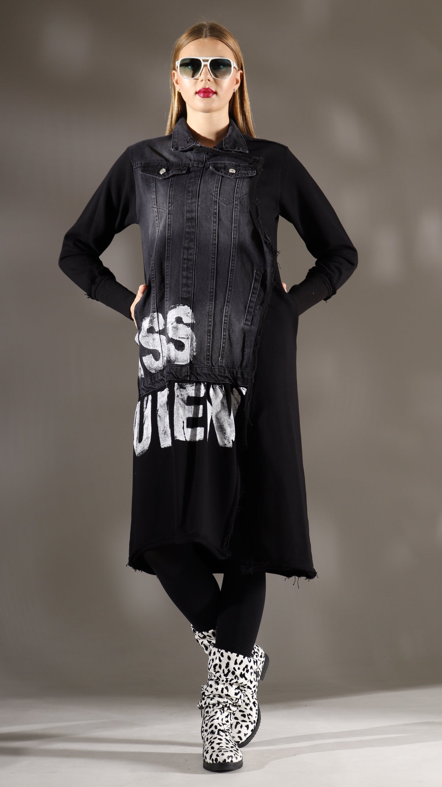 Hand Painted Denim Long Dress Black (006)