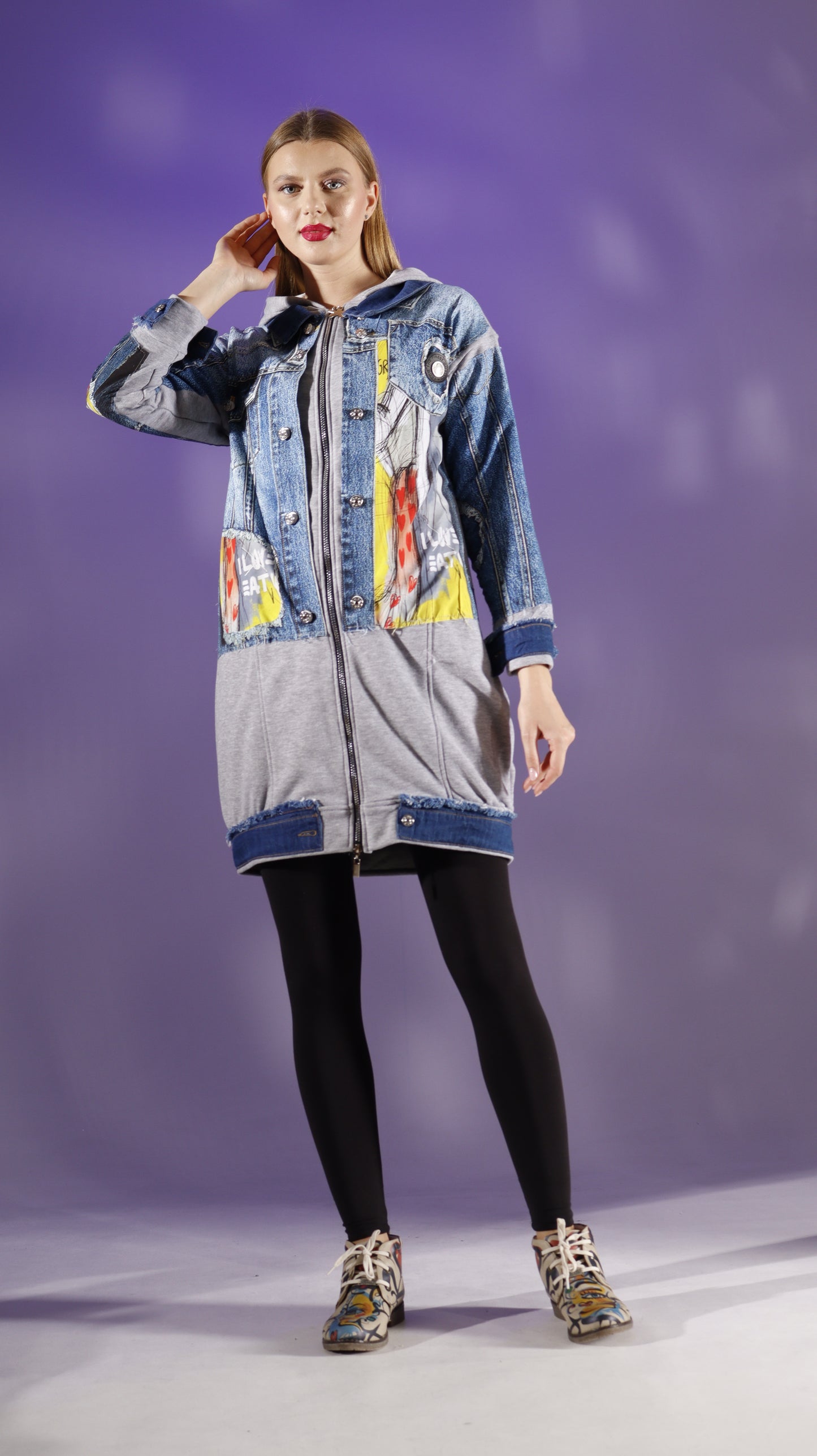 Denim Pattern Printed Jacket Gray (7629)