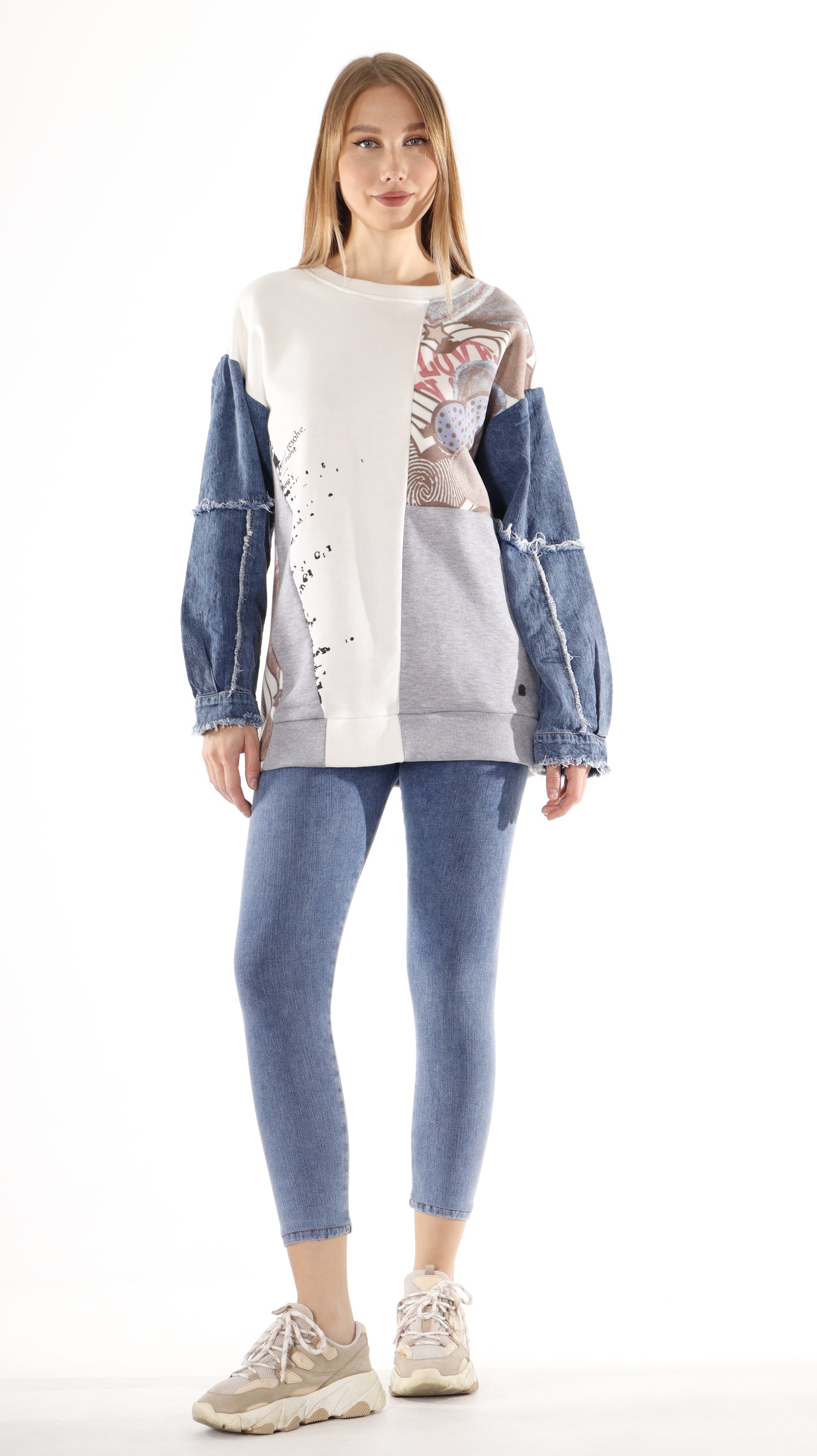 Printed Design Tunic with Denim Sleeves (7628)