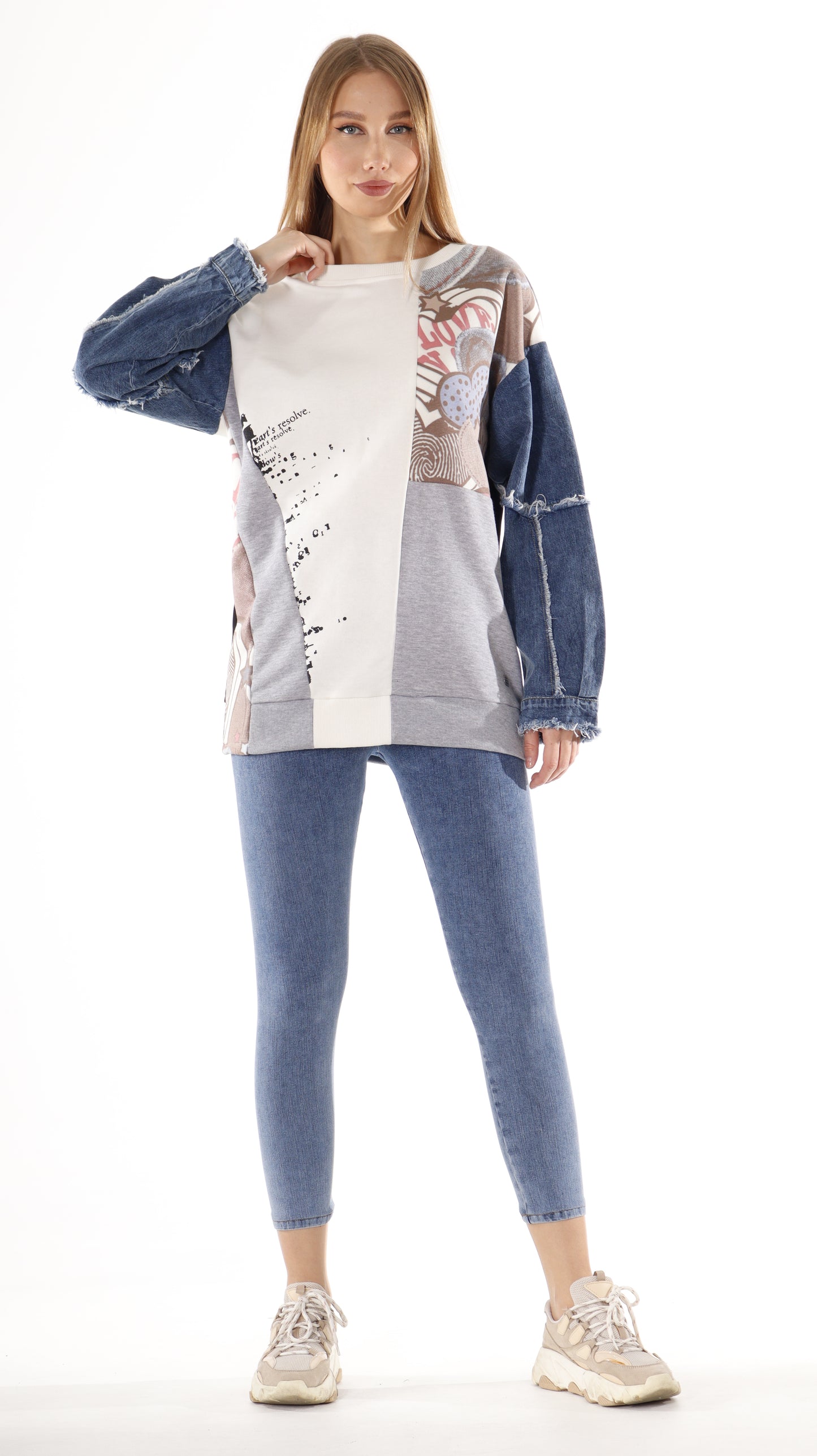 Printed Design Tunic with Denim Sleeves (7628)