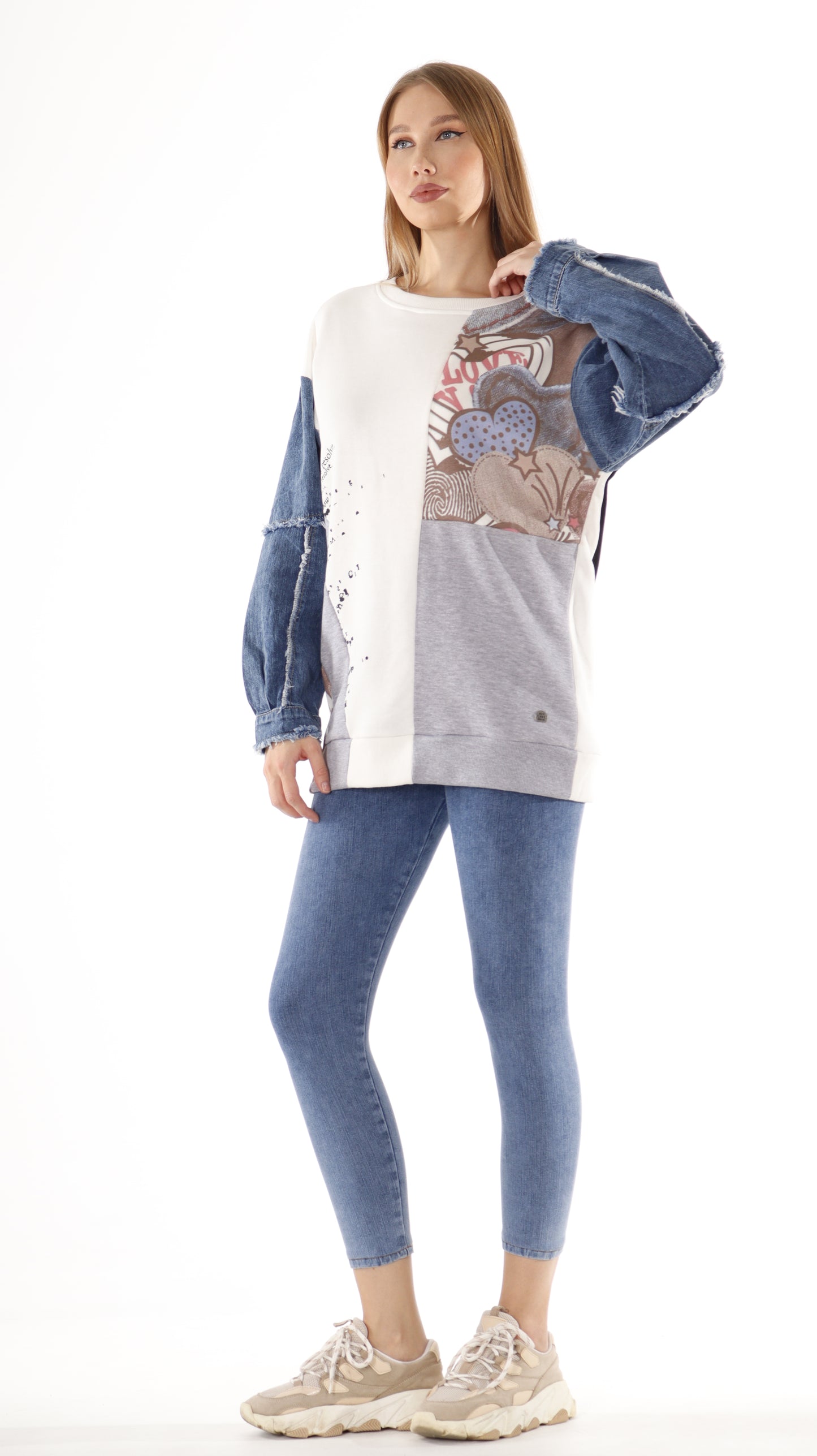 Printed Design Tunic with Denim Sleeves (7628)