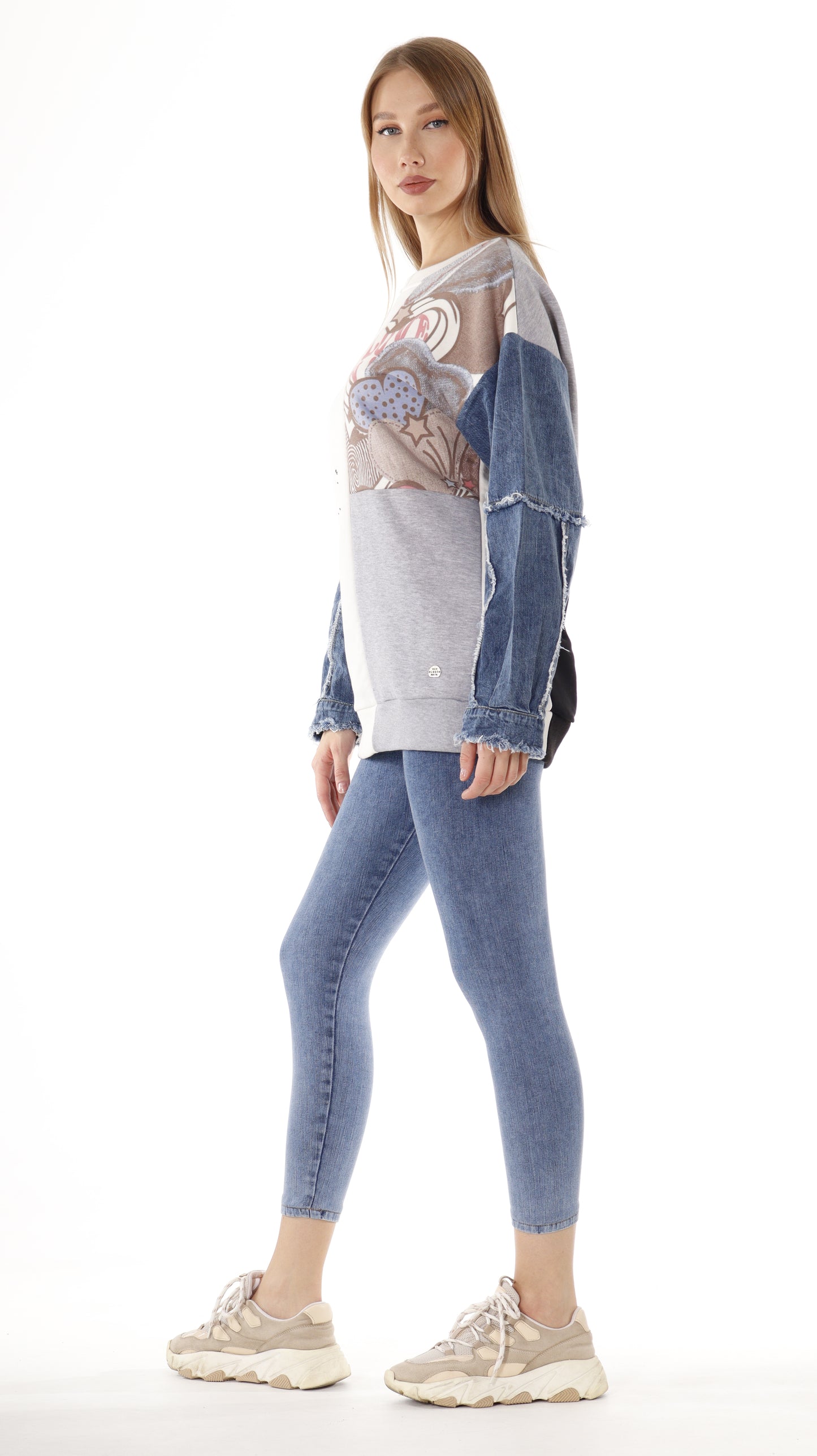 Printed Design Tunic with Denim Sleeves (7628)