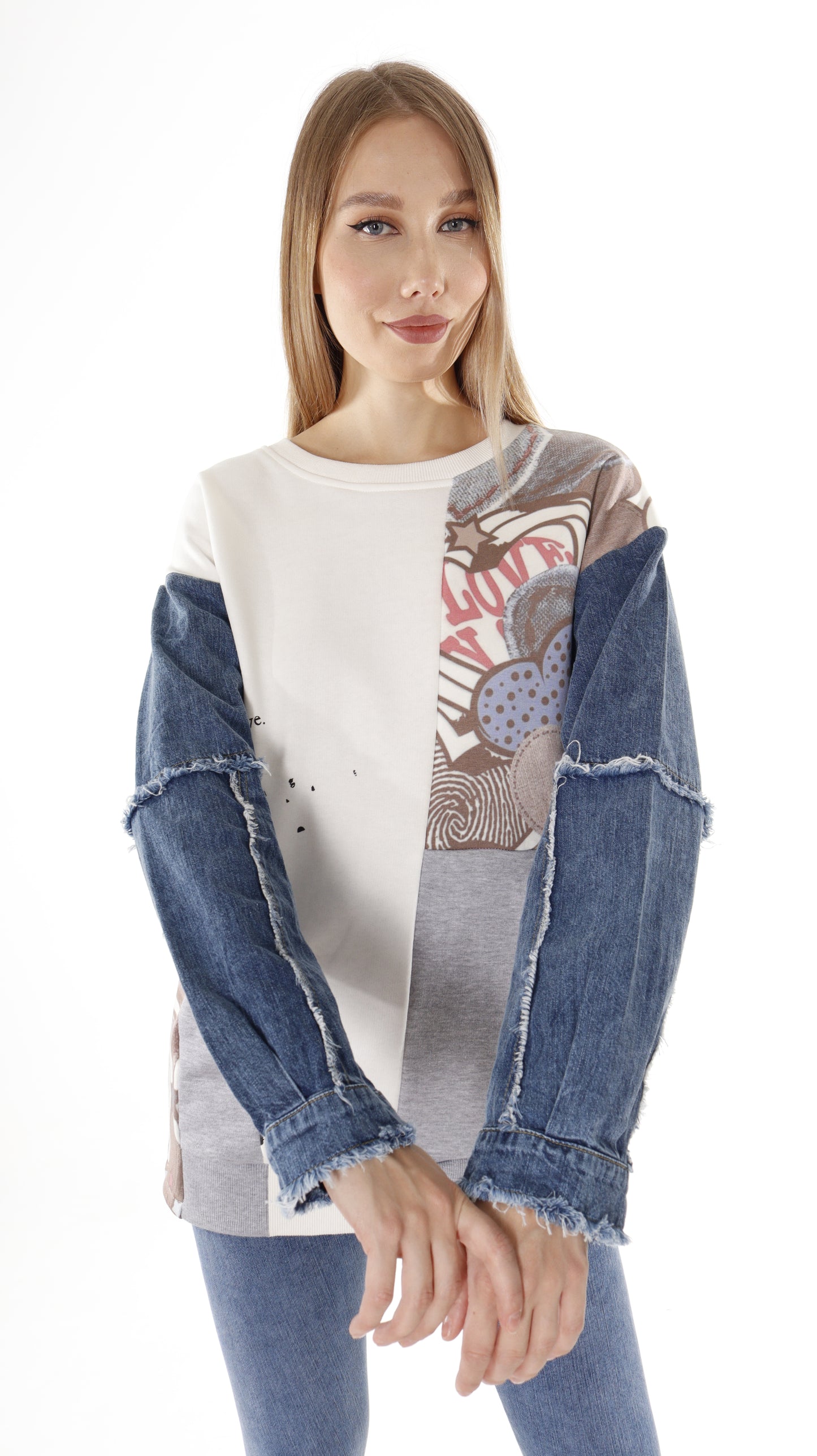 Printed Design Tunic with Denim Sleeves (7628)