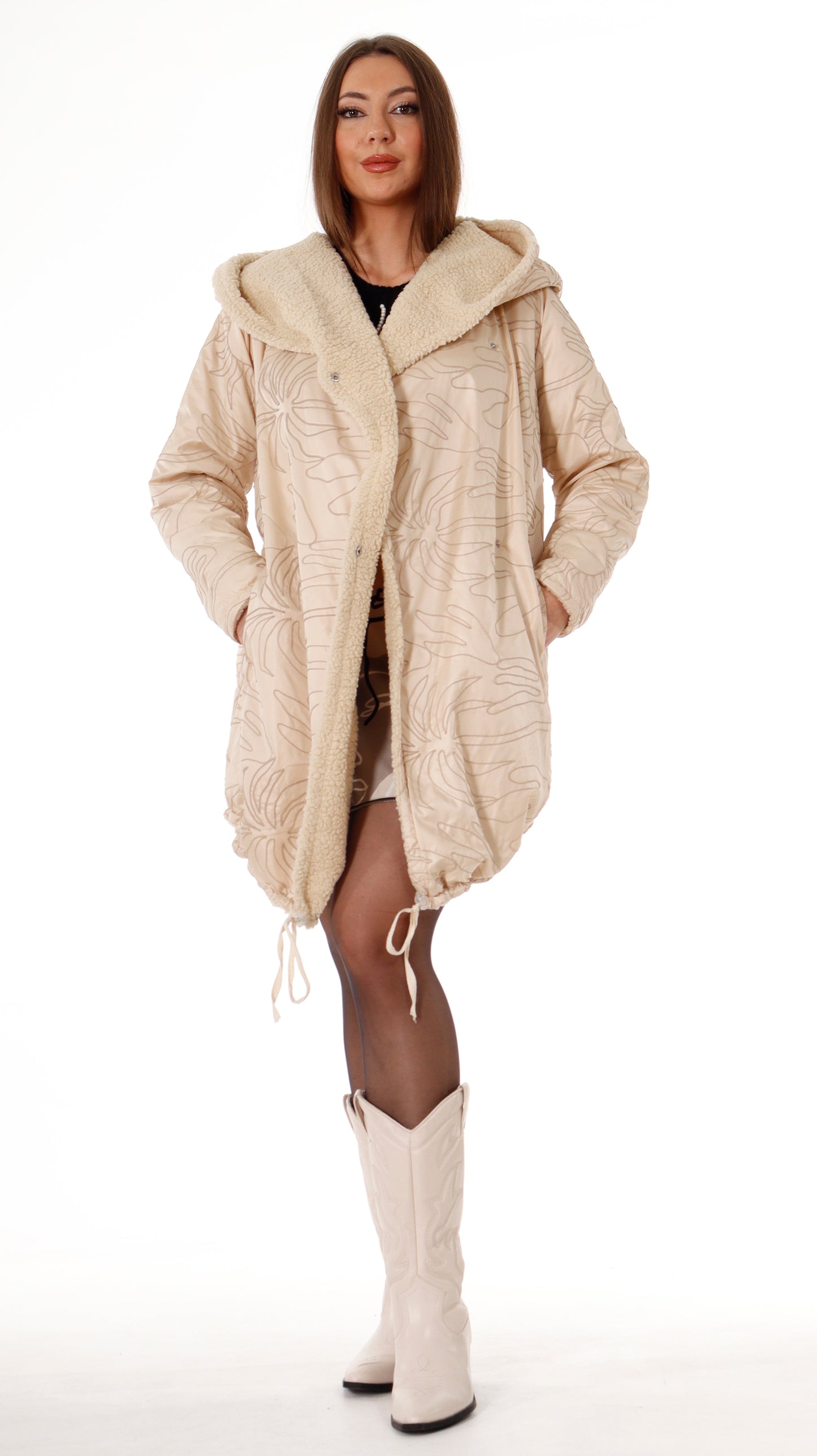 Plush Inside Embroidered Coat Beige (7793) Thick