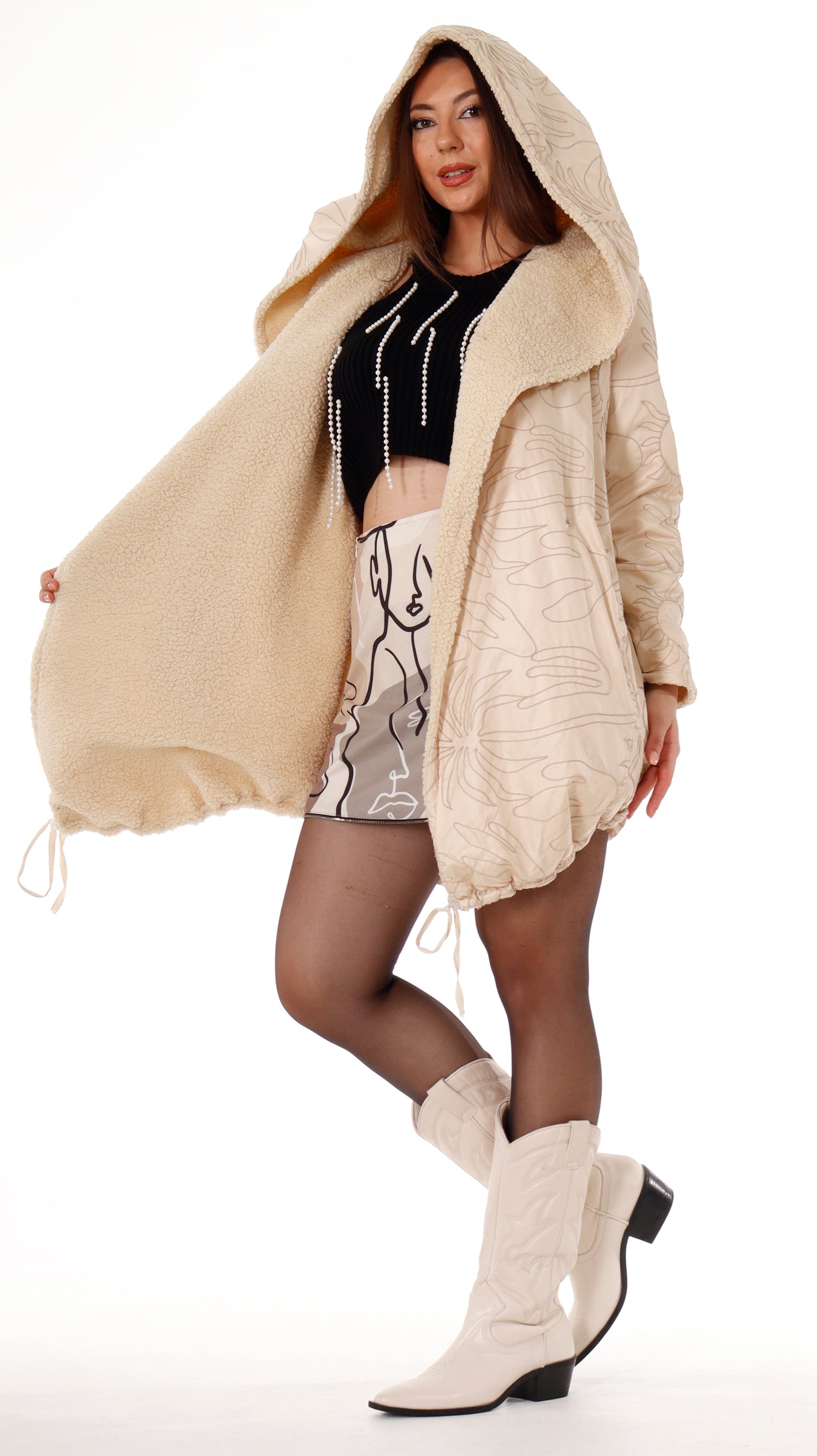 Plush Inside Embroidered Coat Beige (7793) Thick