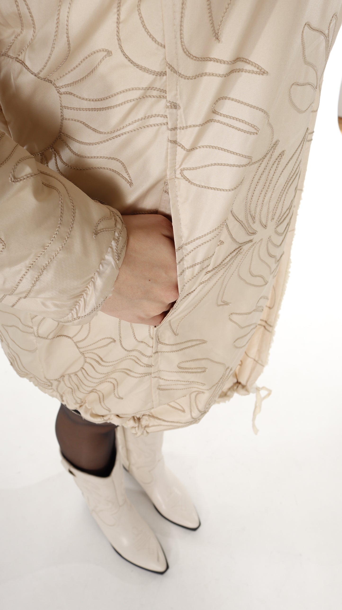 Plush Inside Embroidered Coat Beige (7793) Thick