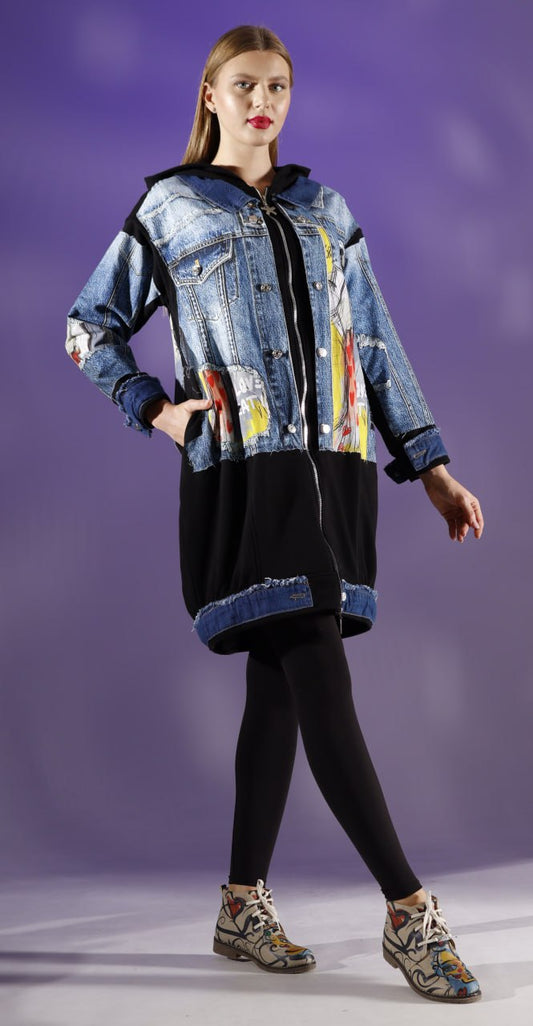 Denim Pattern Printed Jacket Black (7629)